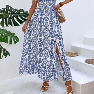 Blue and White Patterned Maxi Dress